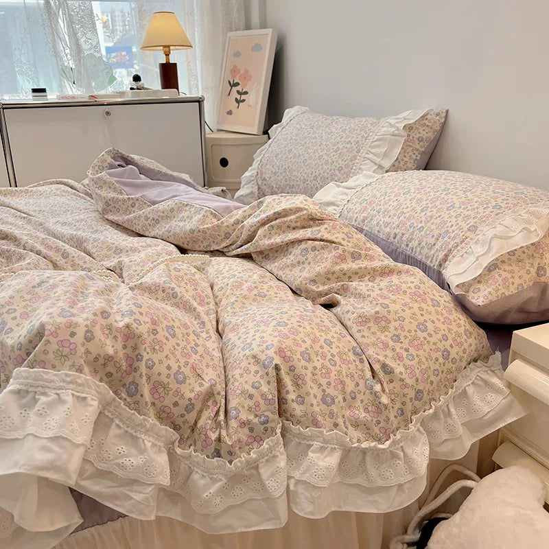 THL1086 100% Cotton Elegant Floral Duvet Cover Set White Lace Ruffle Bedding