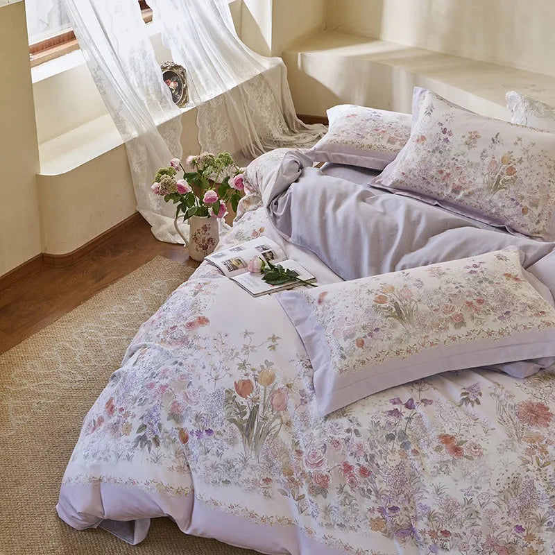 THL1172 100% soft cotton bedding set features a 600TC fabric construction with a chic and vibrant rose floral design.