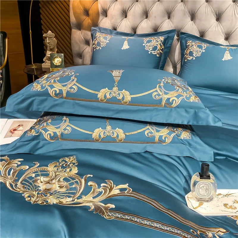 THL1160 Elegant 1000 Thread Count Egyptian Cotton Embroidered Luxury Bedding Set with Chic Duvet Cover and Bed Sheet