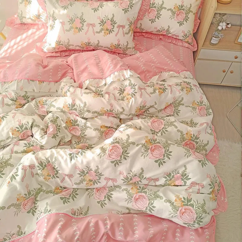 THL1116 100% Cotton, Soft and Cozy Blooming Spring Elegant Floral French Country Style Patchwork Bedding Set