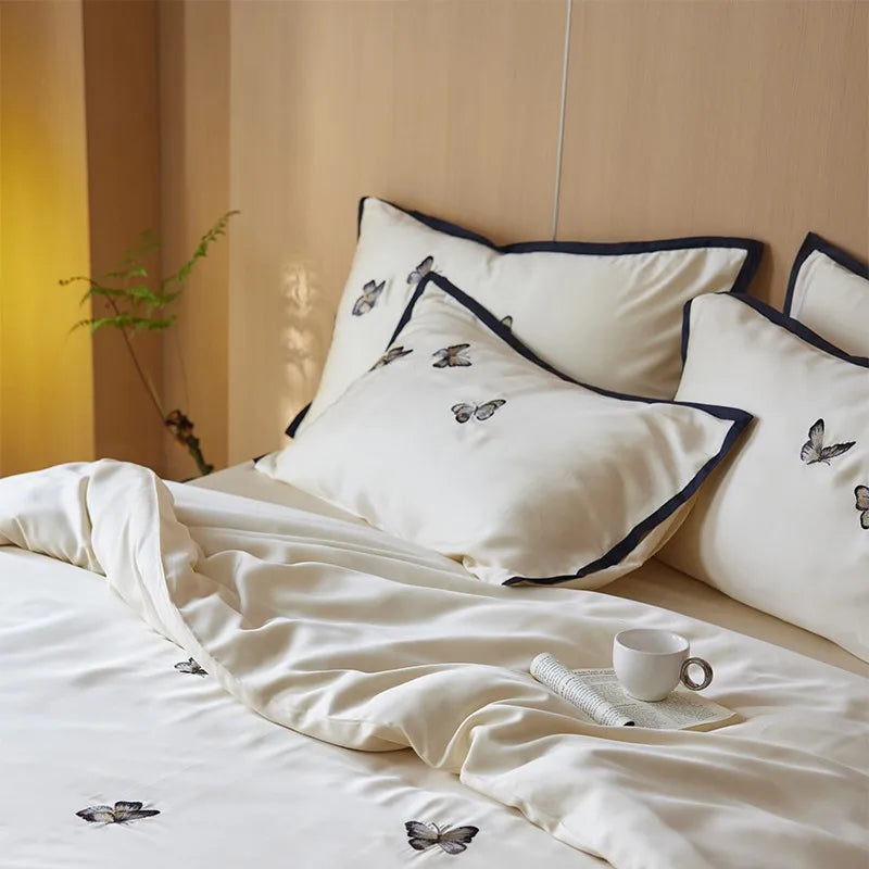 THL1111 Elegant Butterfly Embroidery Romantic Soft Silky Lyocell Bedding Set