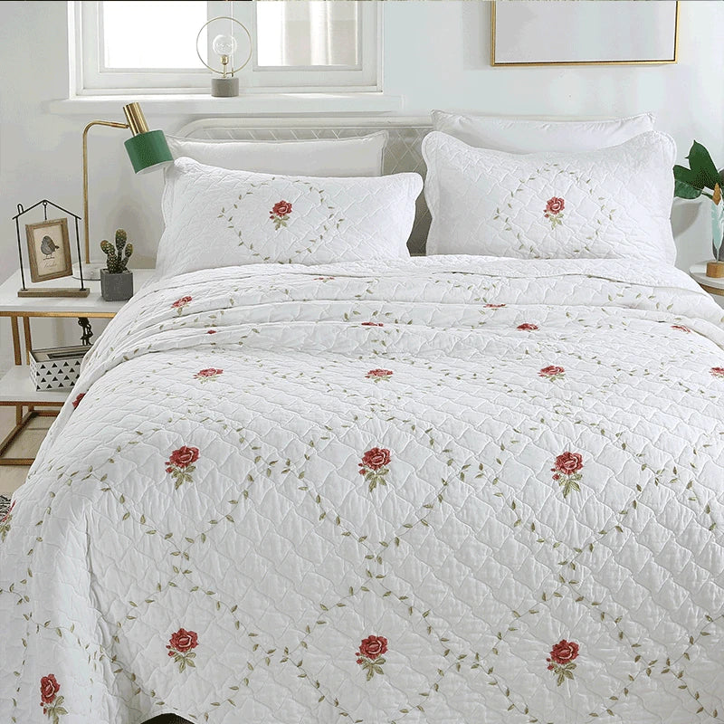 THL1088 100% Cotton Quilted Bedspread with Vintage Elegant Floral Embroidery Design