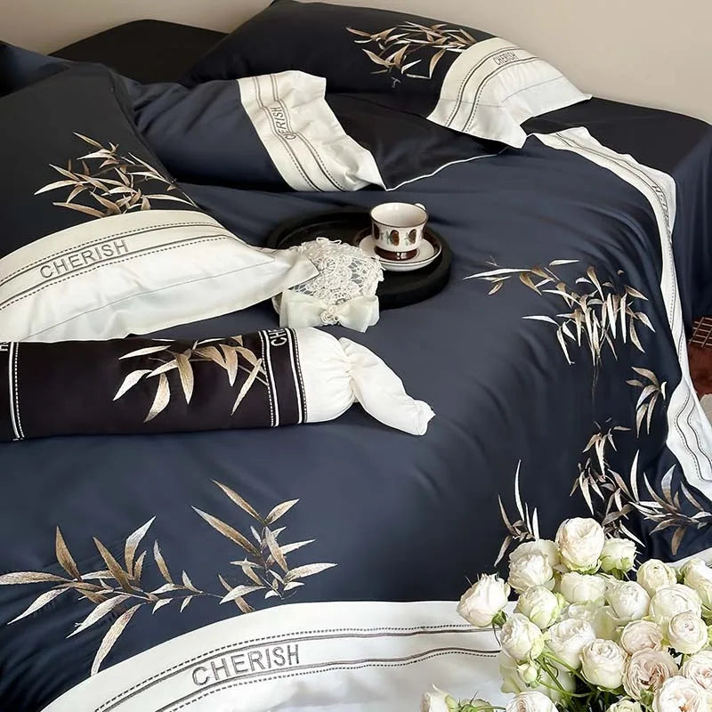 THL1161 Luxury 1000TC Egyptian Cotton Duvet Cover Set with Vintage Bamboo Leaves Embroidery Design