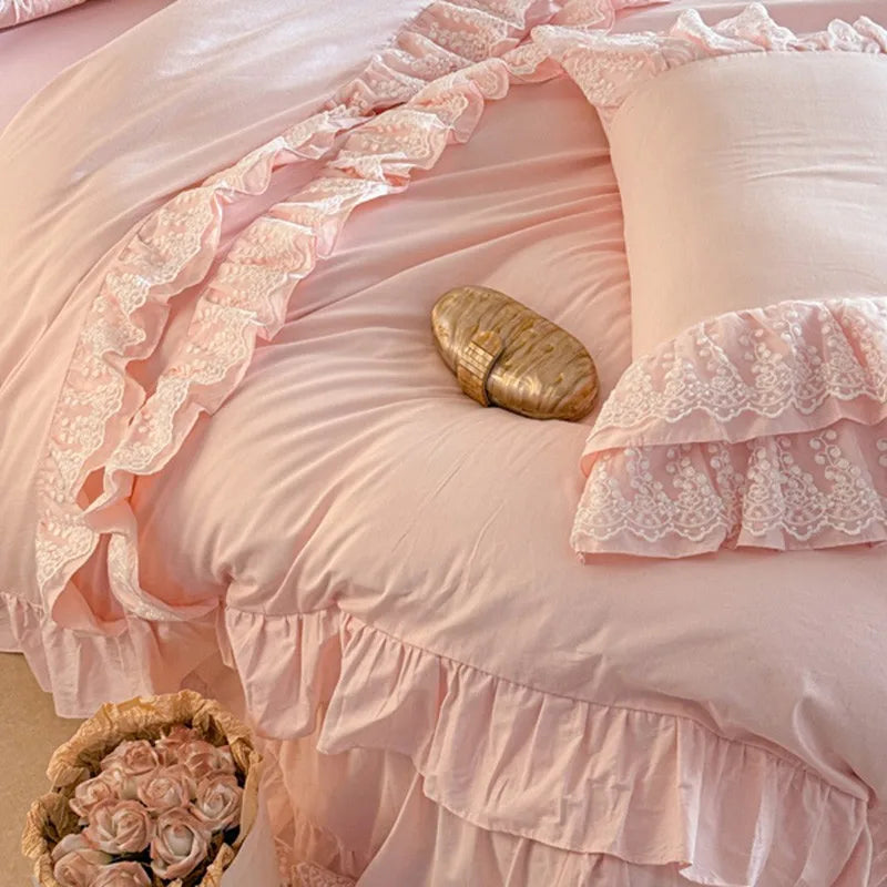 THL1141 100% Egyptian Cotton Ruffle Lace Duvet Cover Set Bohemian Bedding for a Luxurious Bedroom