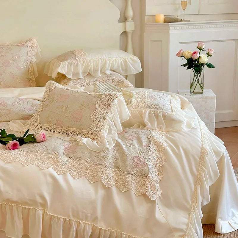 THL1064 Chic Stereoscopic Relief Rose Flowers Patchwork Bedding Set Egyptian Cotton with Chiffon Ruffles and Lace