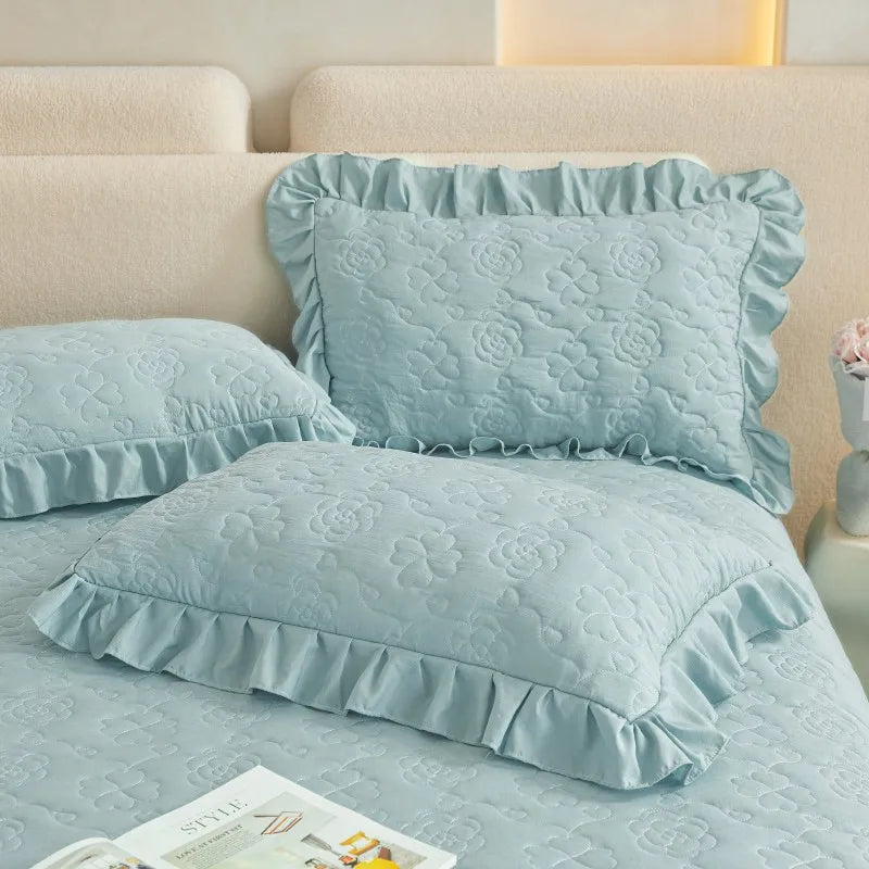 THL1078 Floral Embossed Lace Coverlet Bedspread Solid Bedding Set