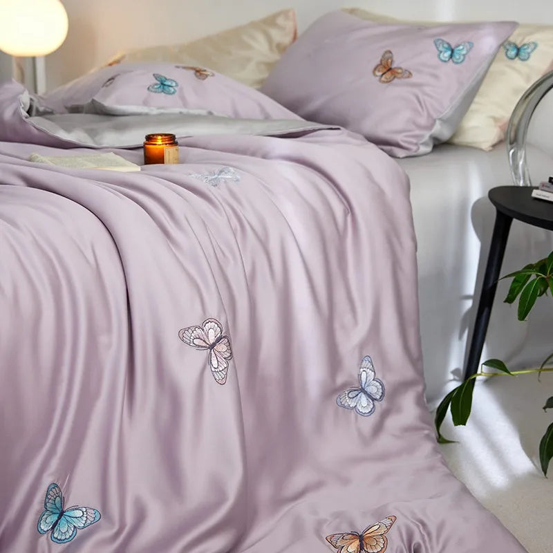 THL1149 Juego de cama suave y sedoso de lyocell con eucalipto y elegante funda nórdica con mariposas bordadas