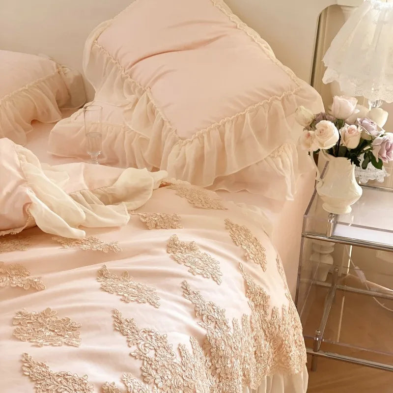 THL1066 Pink Egyptian Cotton Bedding Set with French Romantic Lace