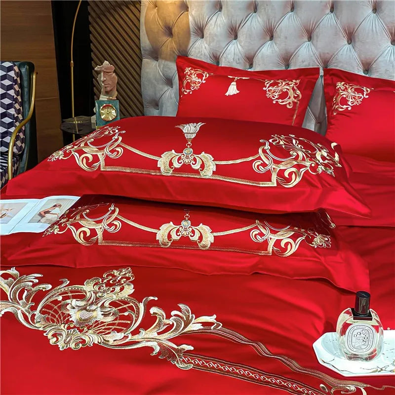 THL1160 Elegant 1000 Thread Count Egyptian Cotton Embroidered Luxury Bedding Set with Chic Duvet Cover and Bed Sheet