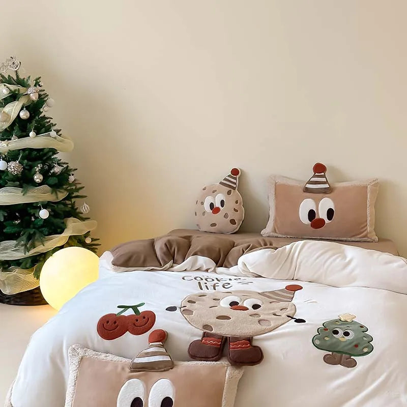 THL1158 3D Cartoon Christmas Tree & Cookie Appliques Velvet Bedding Set - Fluffy and Festive Comforter Cover Set